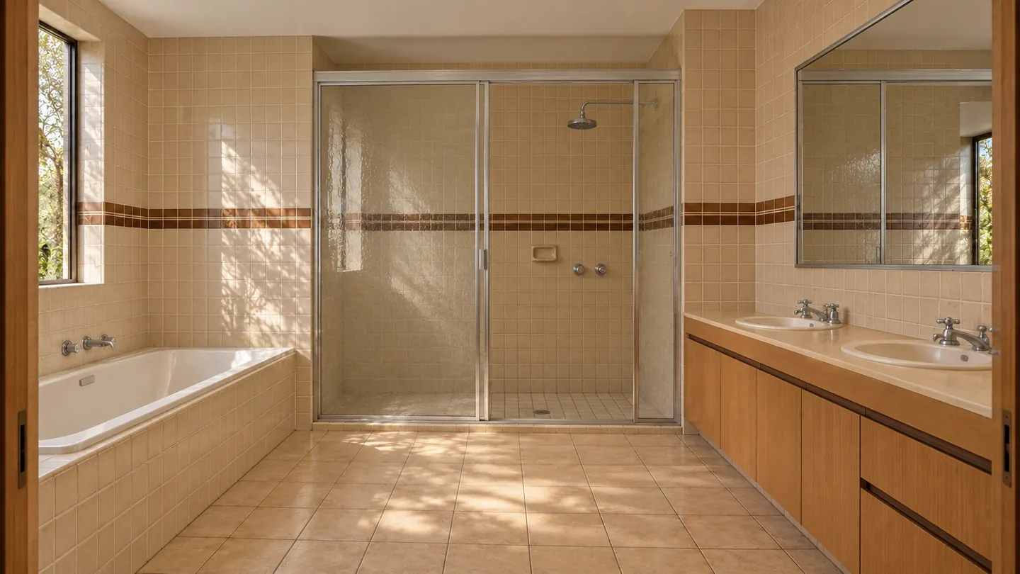 Warm stone bathroom before — illustrative concept